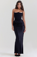Strapless corset maxi evening dress with draped satin skirt