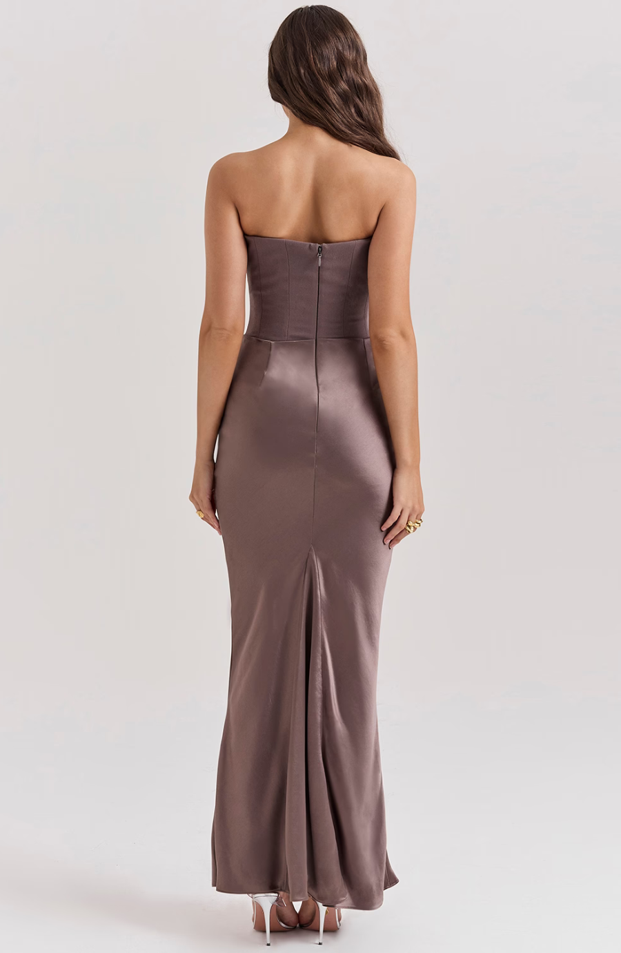Strapless corset maxi evening dress with draped satin skirt - view 11