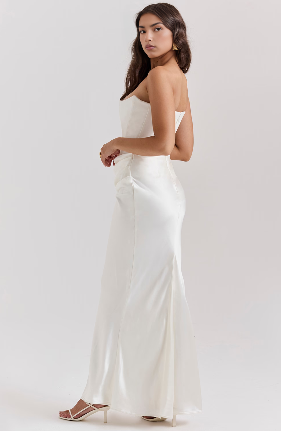Strapless corset maxi evening dress with draped satin skirt - view 12
