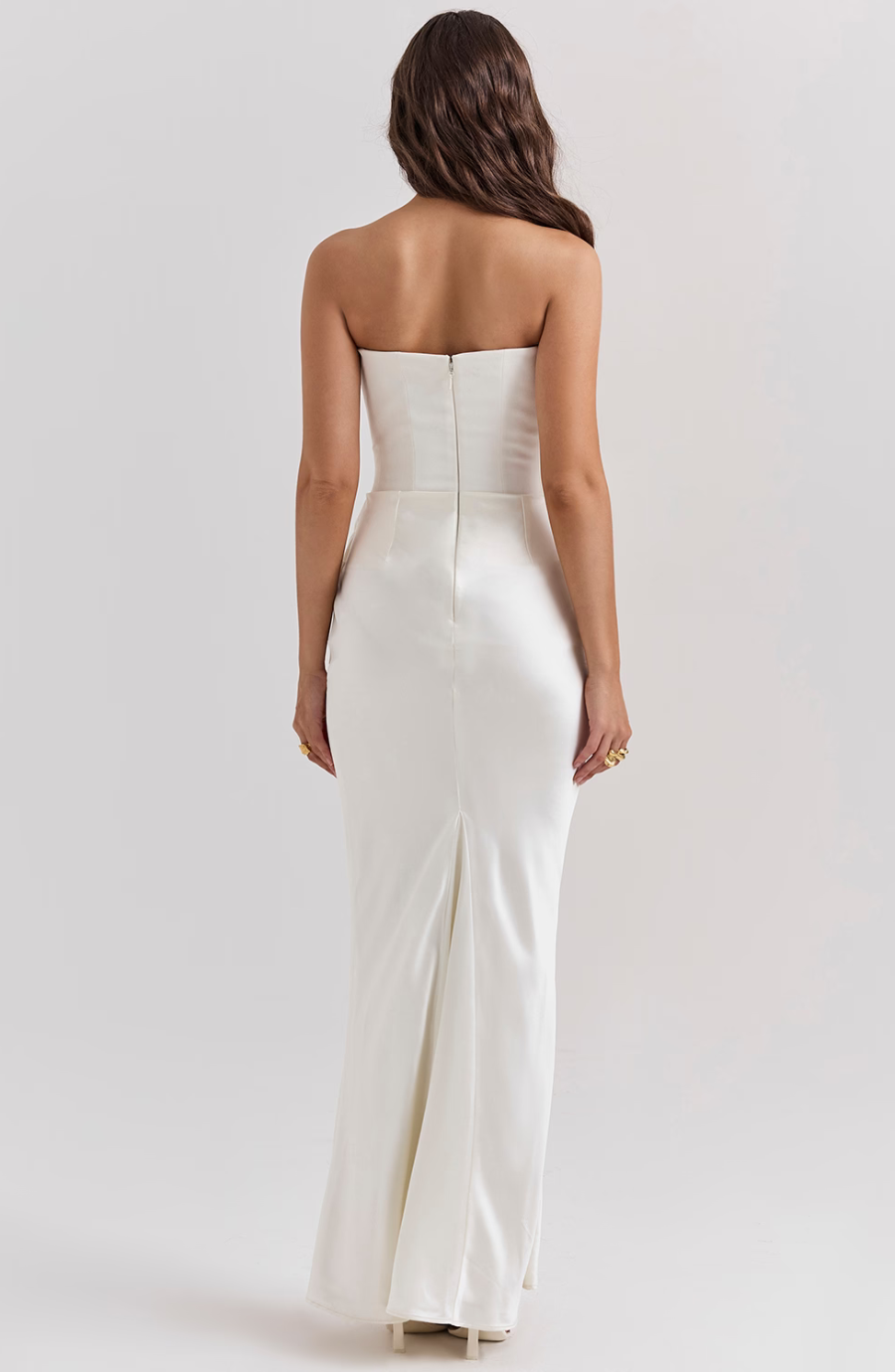 Strapless corset maxi evening dress with draped satin skirt - view 13