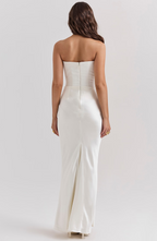 Strapless corset maxi evening dress with draped satin skirt - view 13