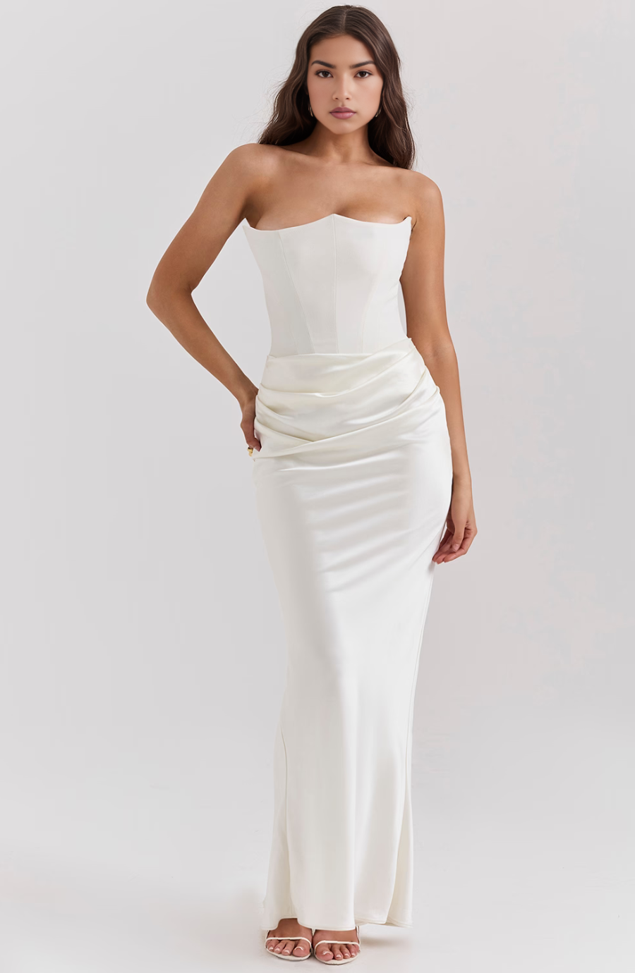 Strapless corset maxi evening dress with draped satin skirt - view 15