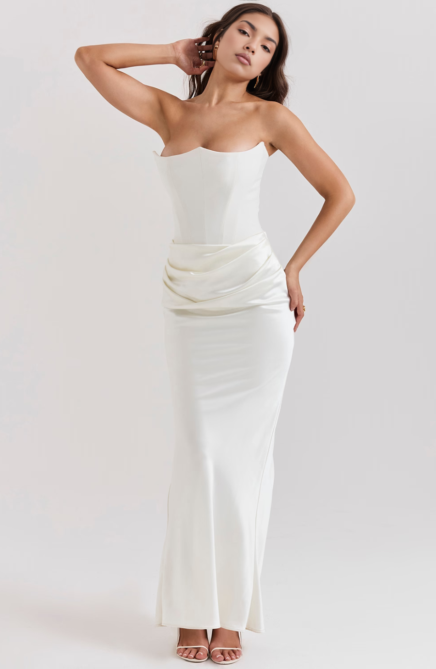 Strapless corset maxi evening dress with draped satin skirt - view 16