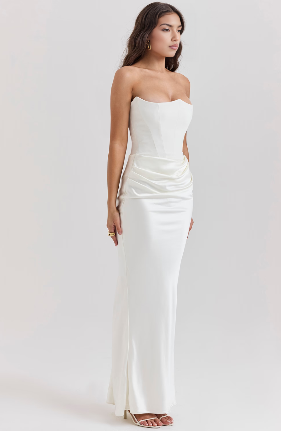 Strapless corset maxi evening dress with draped satin skirt - view 17