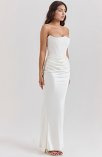 Strapless corset maxi evening dress with draped satin skirt - view 17