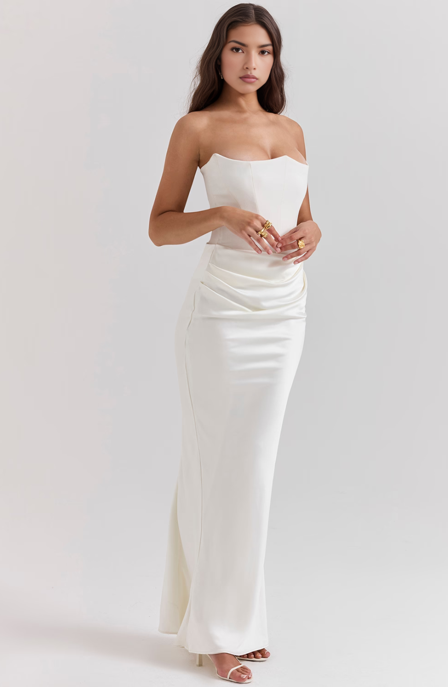 Strapless corset maxi evening dress with draped satin skirt - view 18