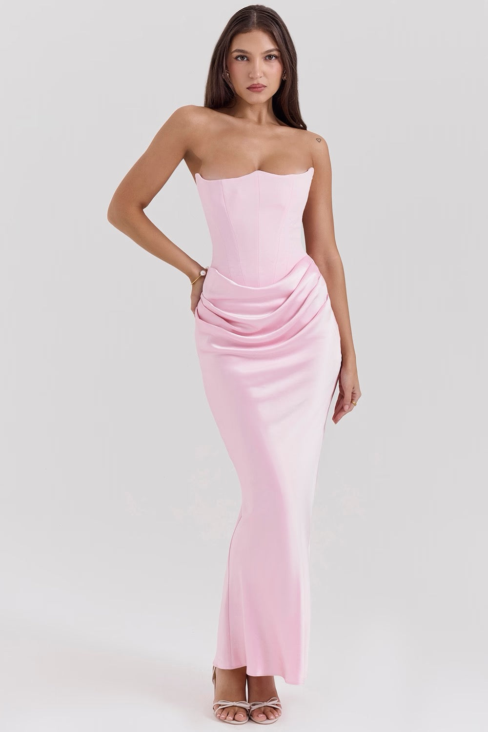 Strapless corset maxi evening dress with draped satin skirt - view 19