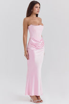 Strapless corset maxi evening dress with draped satin skirt - view 20