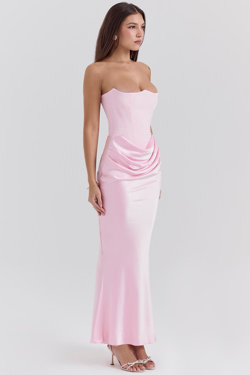 Strapless corset maxi evening dress with draped satin skirt - view 20