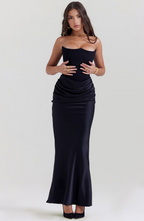 Strapless corset maxi evening dress with draped satin skirt - view 24