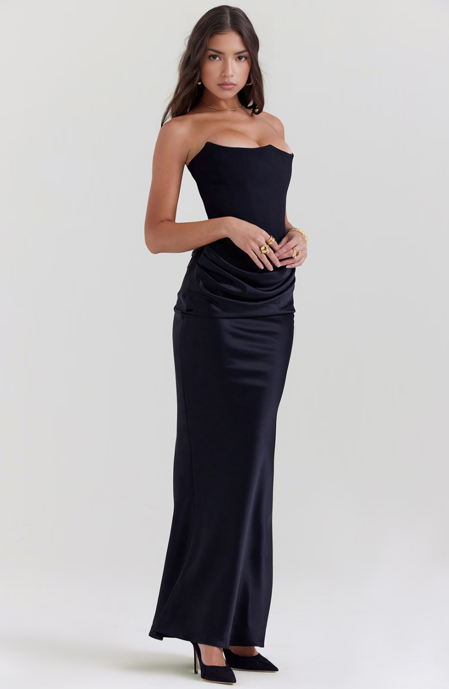 Strapless corset maxi evening dress with draped satin skirt - view 26