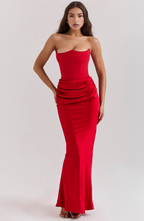 Strapless corset maxi evening dress with draped satin skirt - view 27
