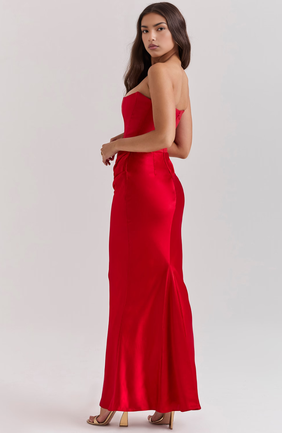 Strapless corset maxi evening dress with draped satin skirt - view 28