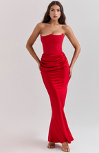 Strapless corset maxi evening dress with draped satin skirt - view 7