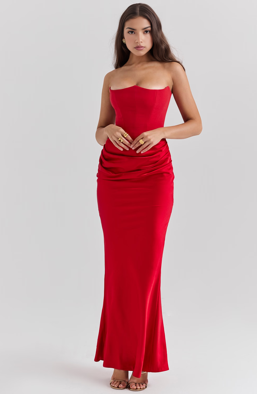 Strapless corset maxi evening dress with draped satin skirt - view 8