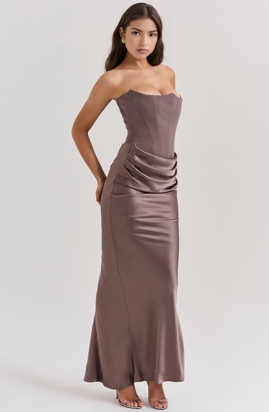 Strapless corset maxi evening dress with draped satin skirt - view 9