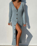 Women's long sleeve ribbed knit maxi sweater dress with deep V-neck and full button front with slit