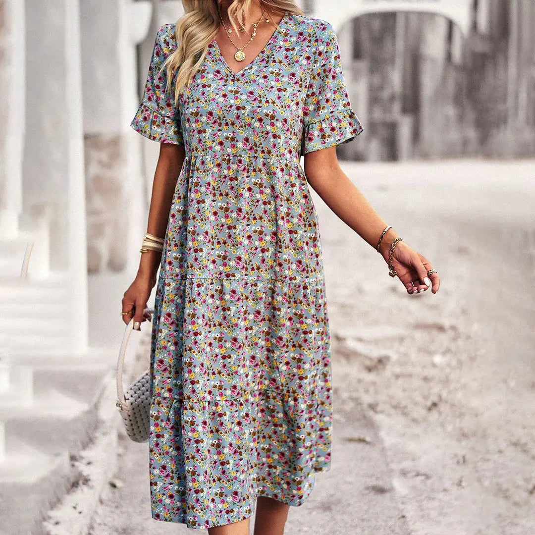 Women’s Floral Midi Dress – V-Neck Ruffle Sleeve Summer A-Line Casual Dress oaklynwear