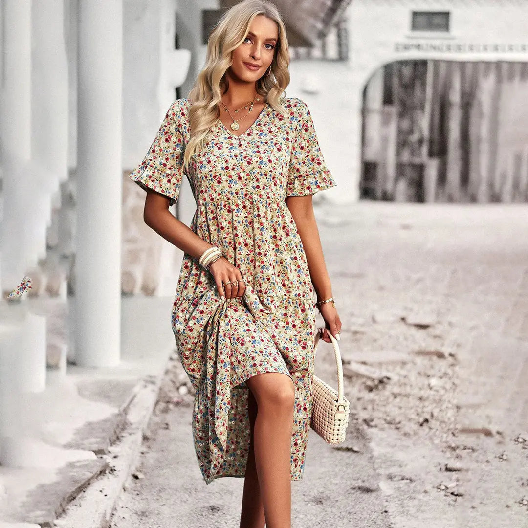 Women’s Floral Midi Dress – V-Neck Ruffle Sleeve Summer A-Line Casual Dress oaklynwear
