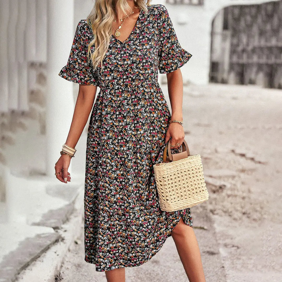 Women’s Floral Midi Dress – V-Neck Ruffle Sleeve Summer A-Line Casual Dress oaklynwear
