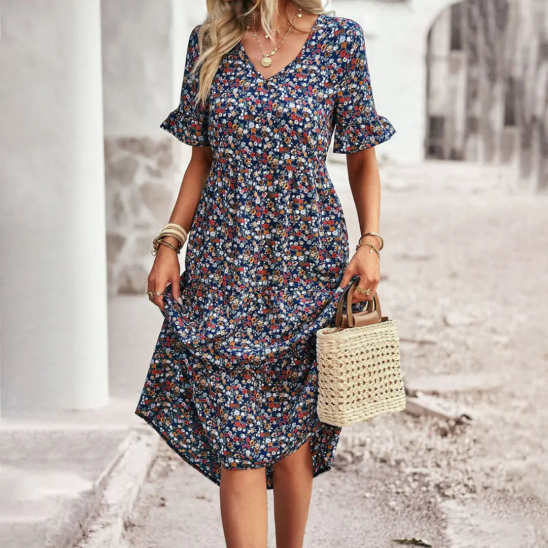 Women’s Floral Midi Dress – V-Neck Ruffle Sleeve Summer A-Line Casual Dress oaklynwear