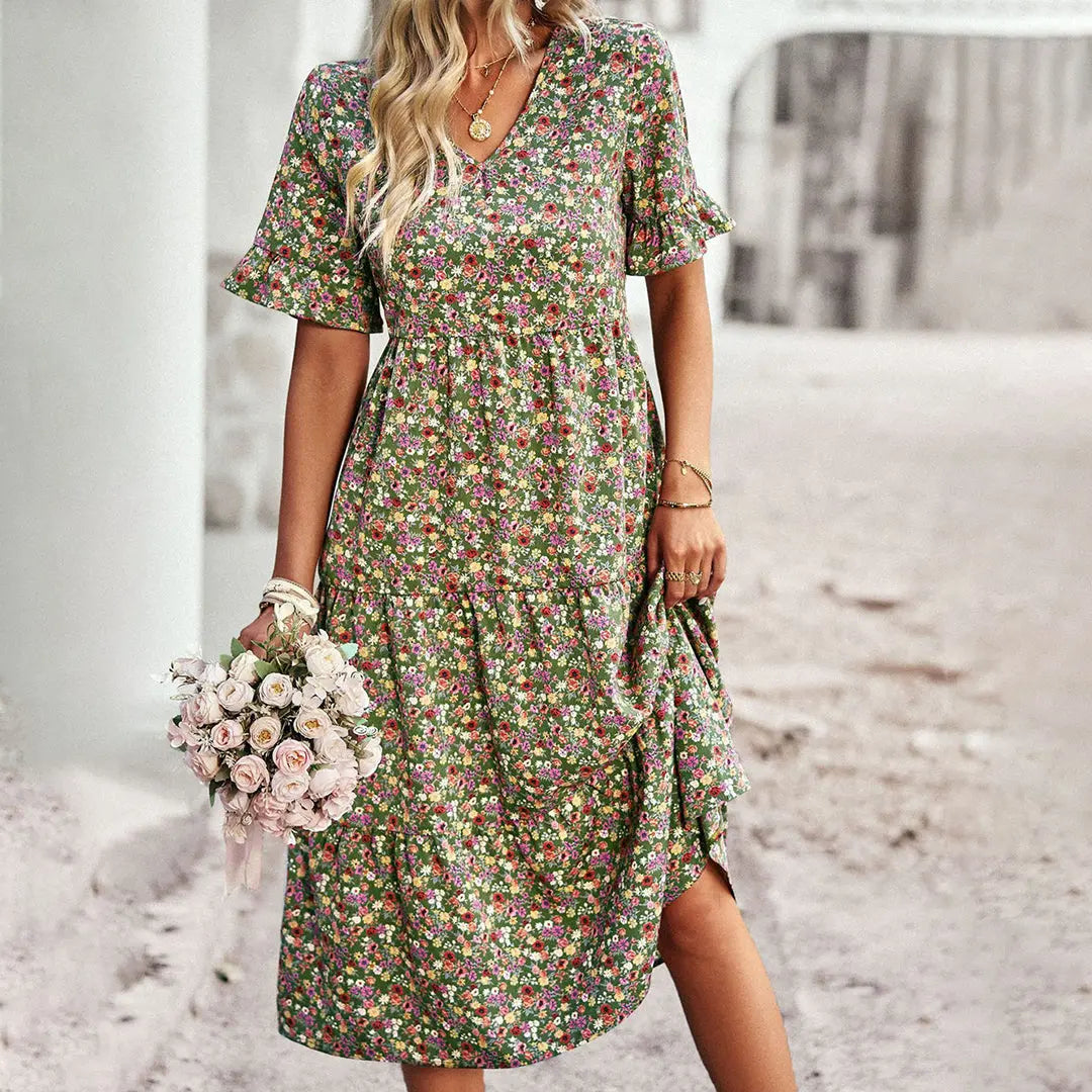 Women’s Floral Midi Dress – V-Neck Ruffle Sleeve Summer A-Line Casual Dress oaklynwear