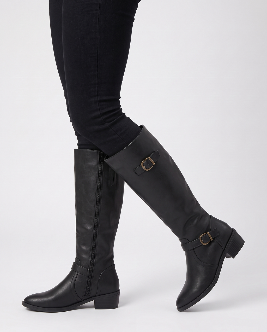 Tall knee high riding boots with double buckle straps - view 2