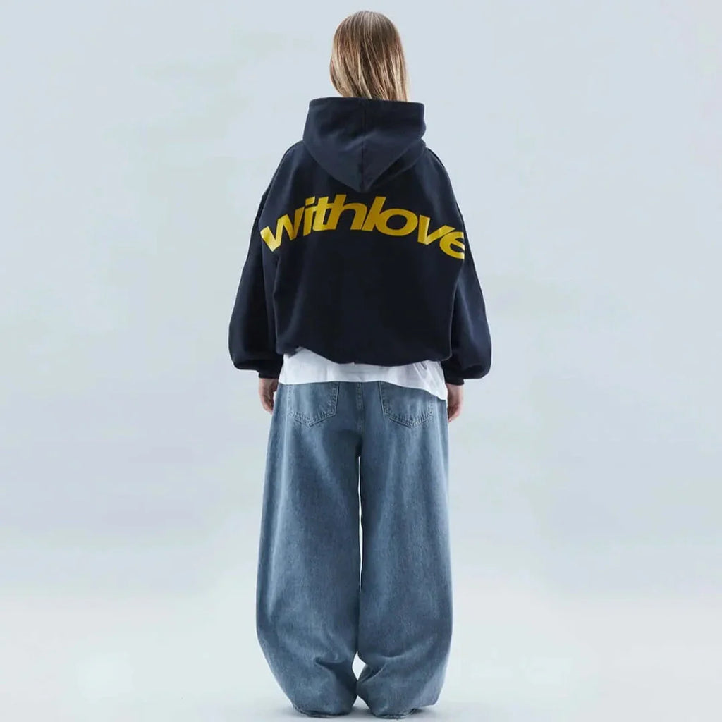 Oversized graphic fleece hoodie with yellow back print and kangaroo pocket