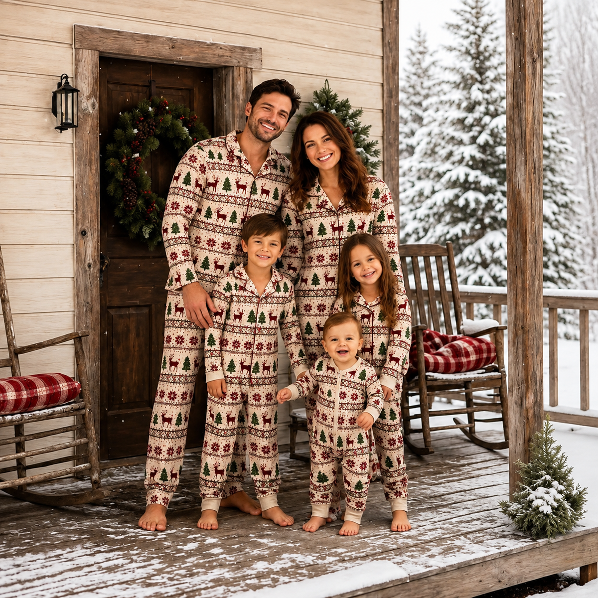 Family wearing matching cream Christmas pajamas with reindeer and tree print