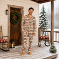Family wearing matching cream Christmas pajamas with reindeer and tree print - view 2