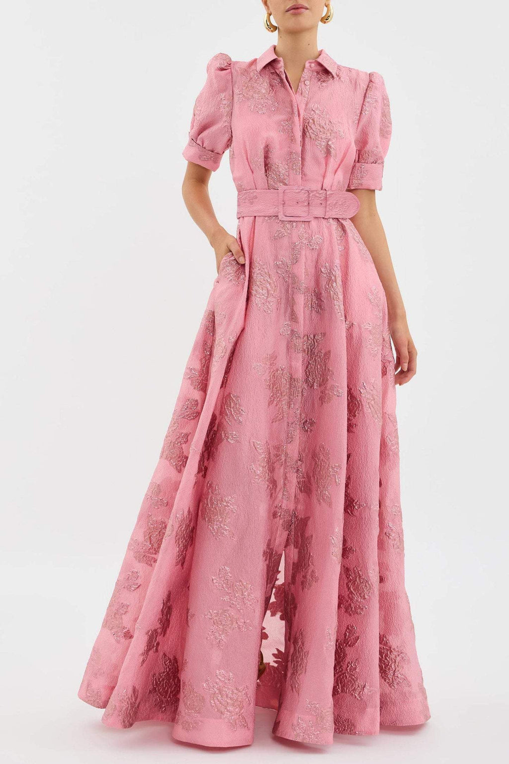 Pink floral jacquard maxi shirt dress with puff sleeves and matching buckle belt