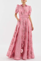Pink floral jacquard maxi shirt dress with puff sleeves and matching buckle belt