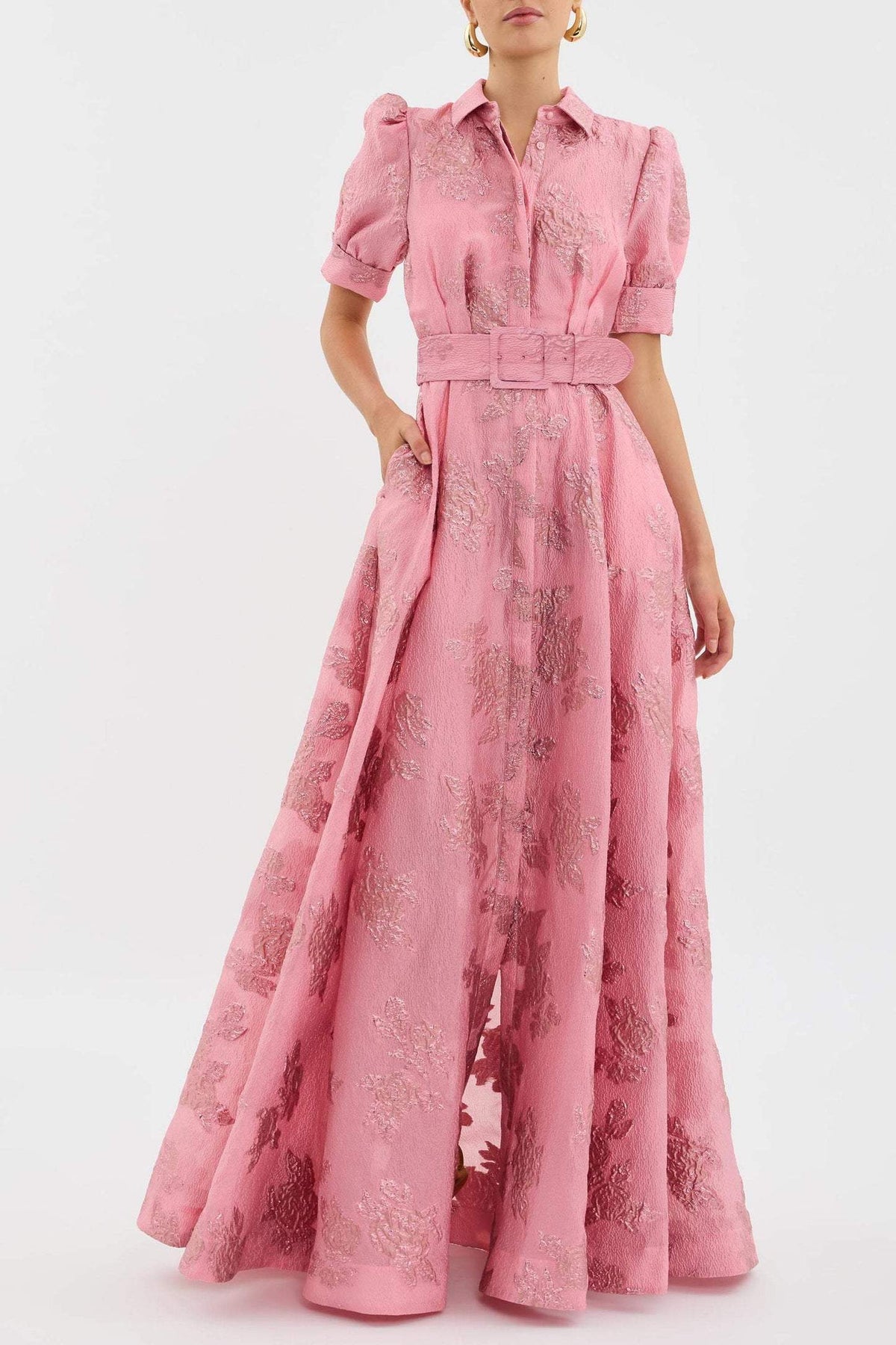 Pink floral jacquard maxi shirt dress with puff sleeves and matching buckle belt