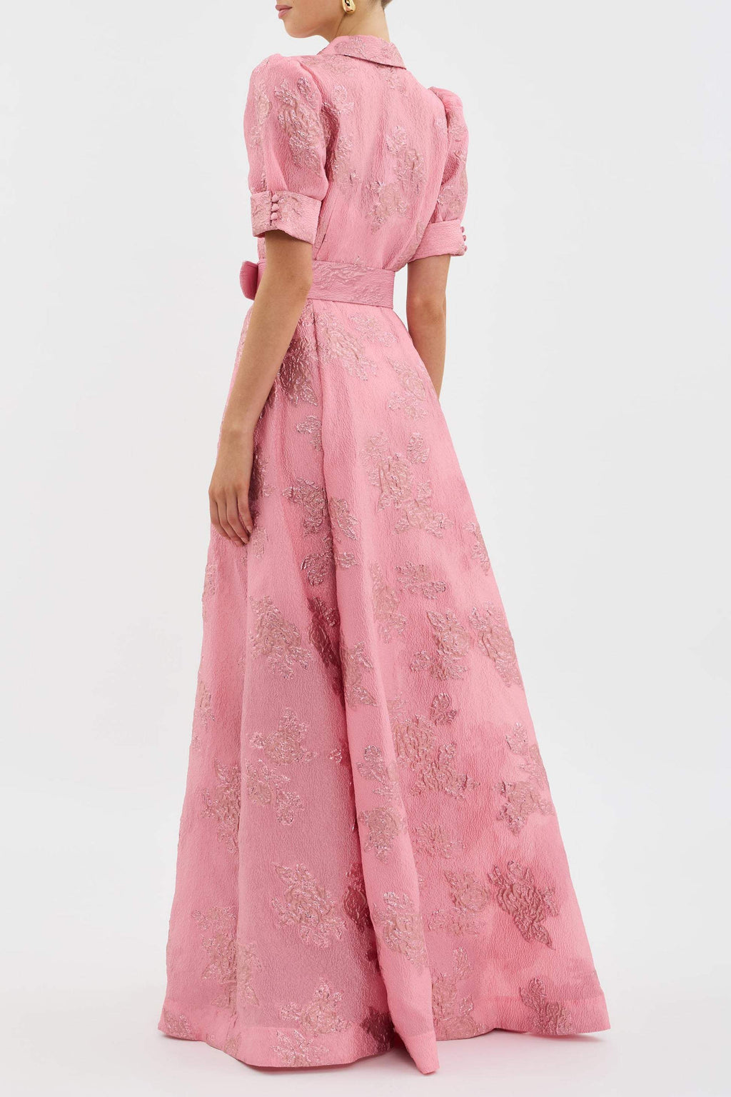 Pink floral jacquard maxi shirt dress with puff sleeves and matching buckle belt - view 2
