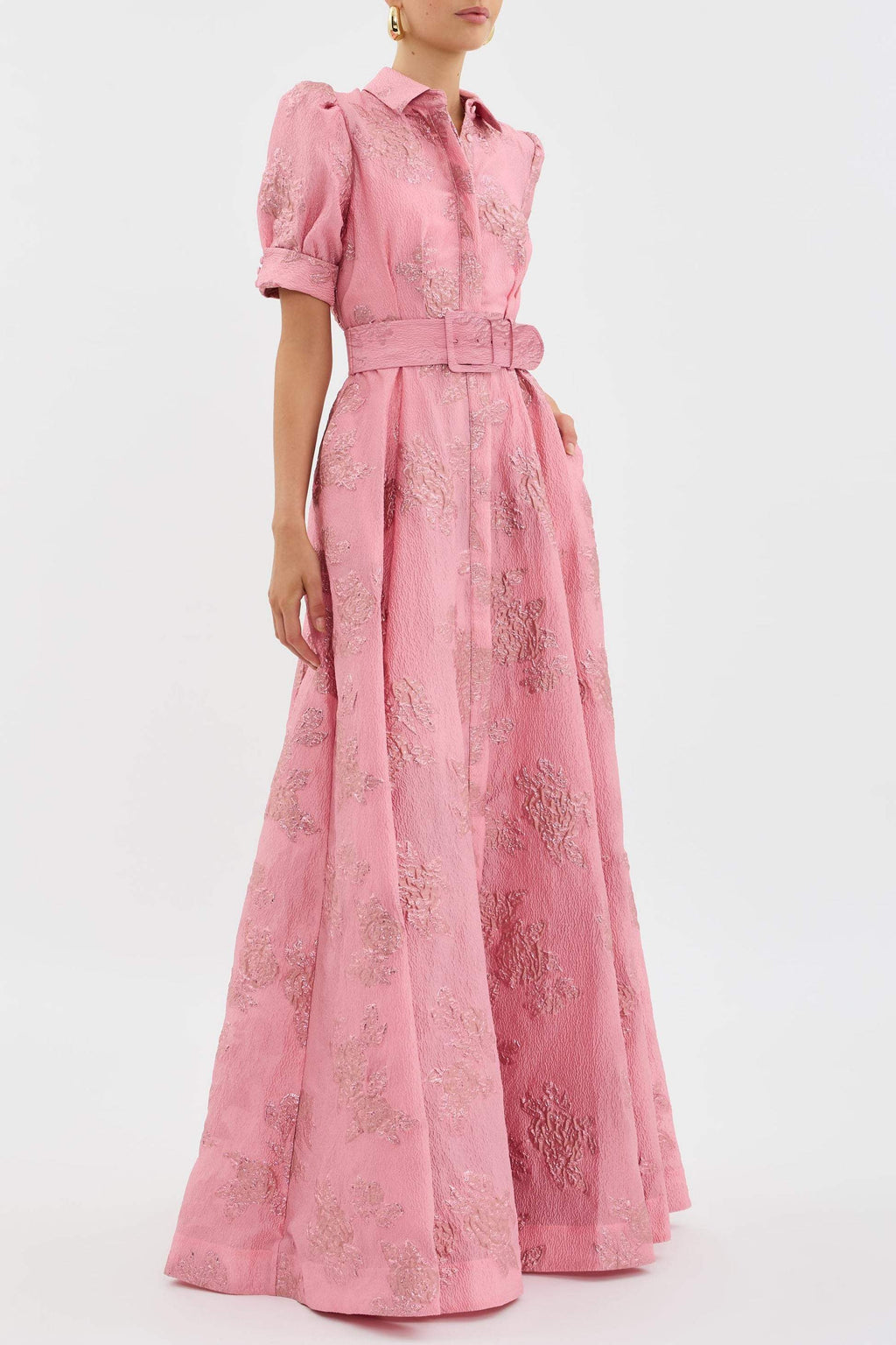 Pink floral jacquard maxi shirt dress with puff sleeves and matching buckle belt - view 3
