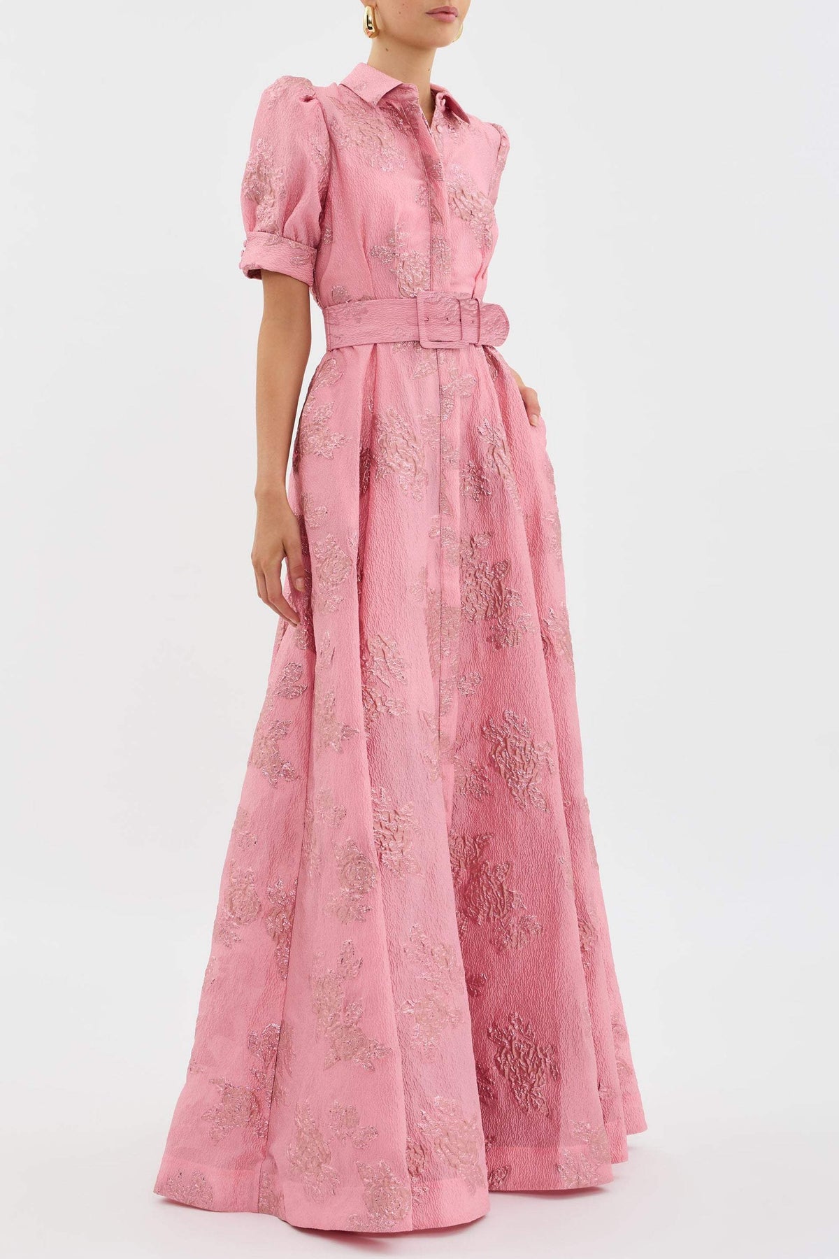 Pink floral jacquard maxi shirt dress with puff sleeves and matching buckle belt - view 3