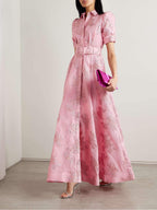 Pink floral jacquard maxi shirt dress with puff sleeves and matching buckle belt - view 5