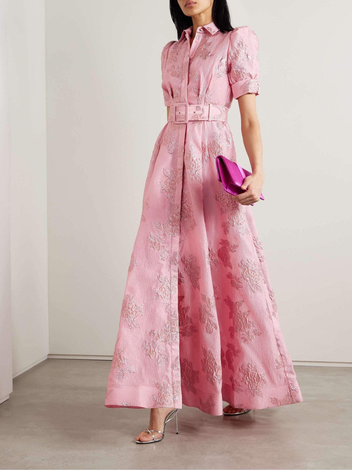 Pink floral jacquard maxi shirt dress with puff sleeves and matching buckle belt - view 5