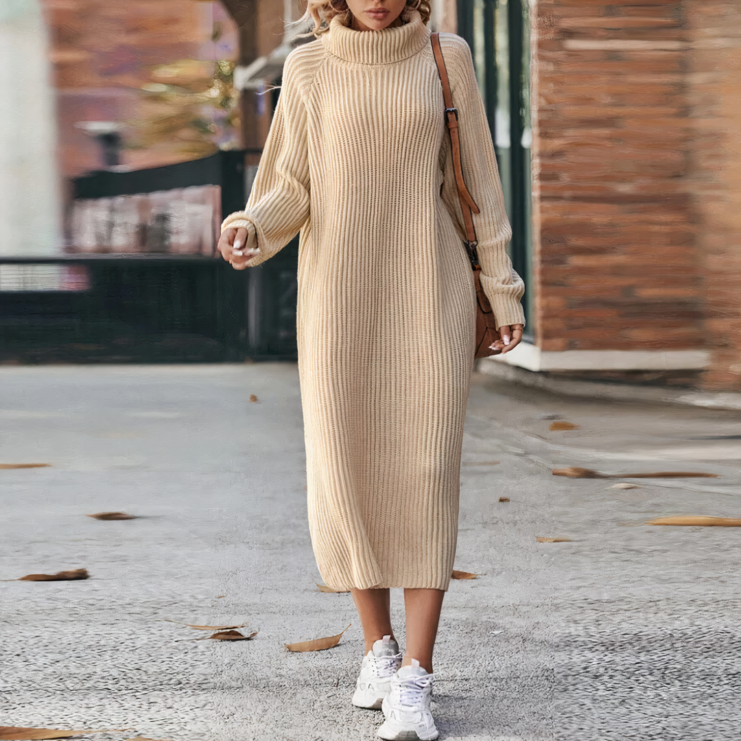 Women's ribbed turtleneck midi sweater dress with long raglan sleeves