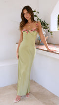 Apple green satin maxi dress with embroidered floral trim on neckline and straps