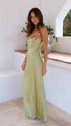 Apple green satin maxi dress with embroidered floral trim on neckline and straps - view 4