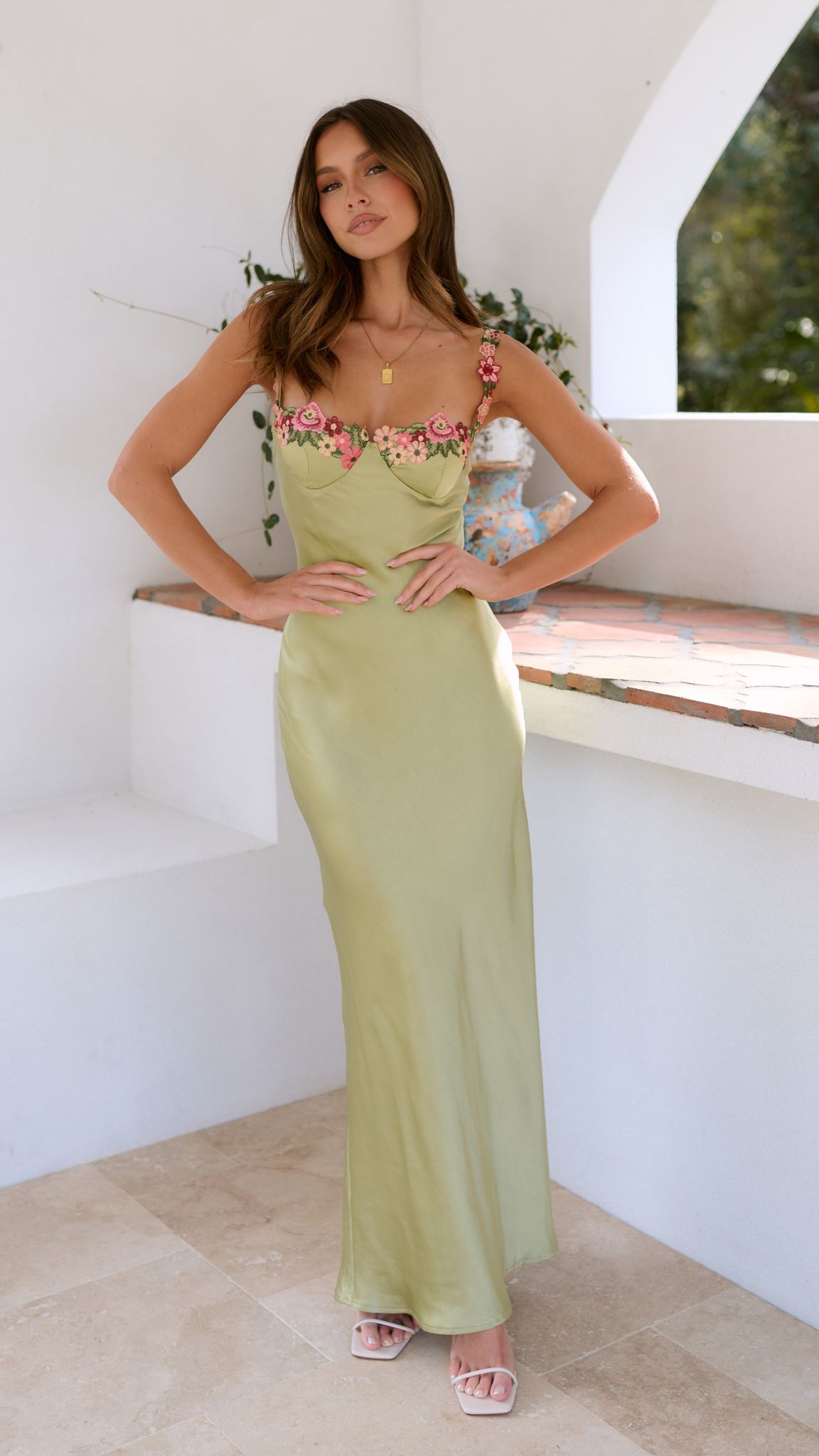 Apple green satin maxi dress with embroidered floral trim on neckline and straps - view 6