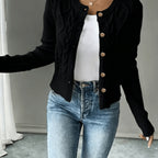 Leora cable knit crew neck cardigan with gold-tone buttons
