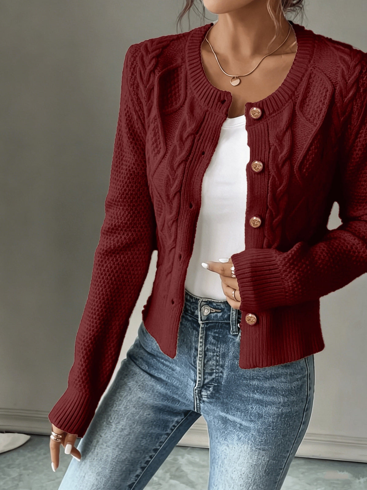 Leora cable knit crew neck cardigan with gold-tone buttons - view 10