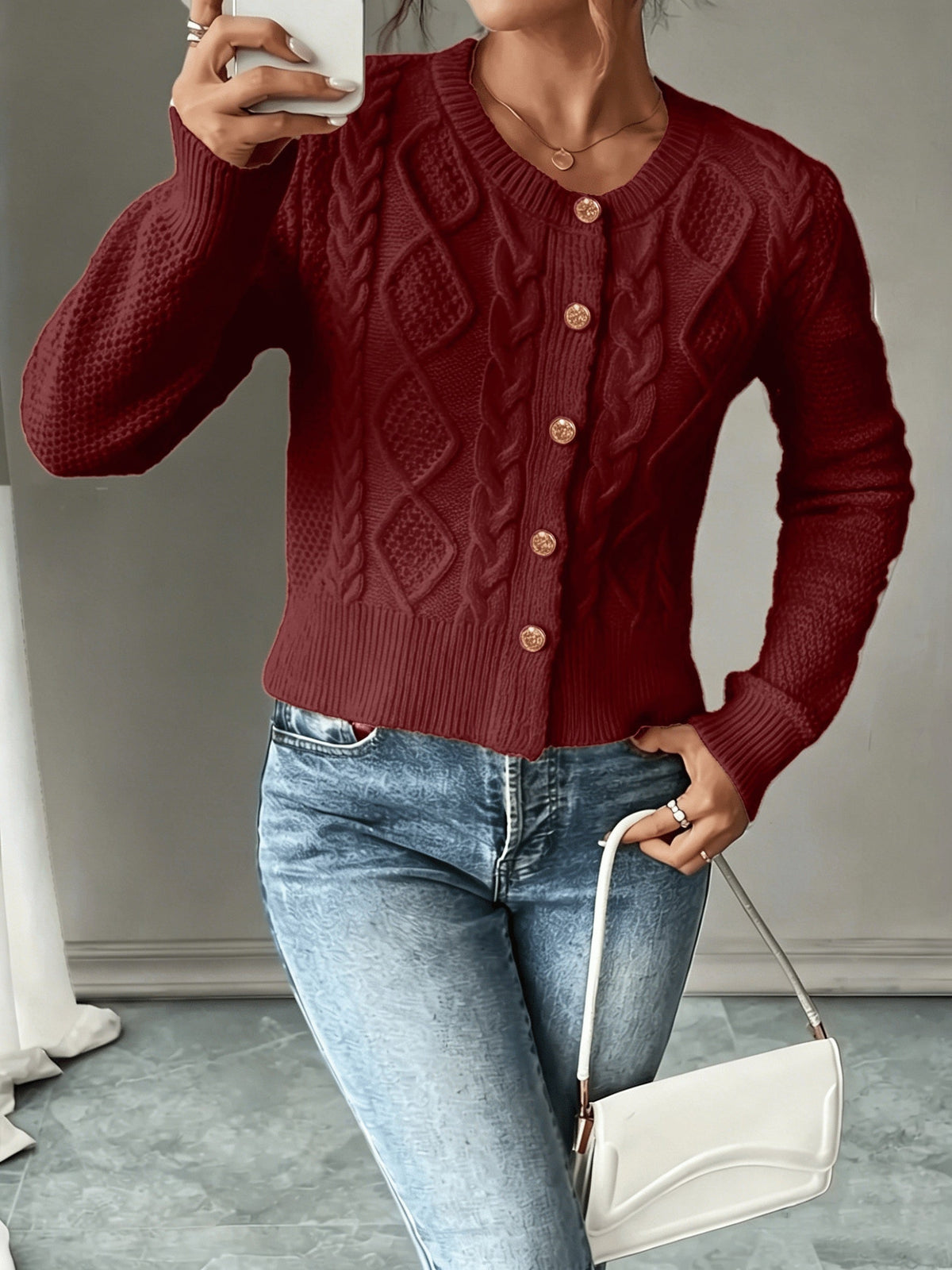 Leora cable knit crew neck cardigan with gold-tone buttons - view 11
