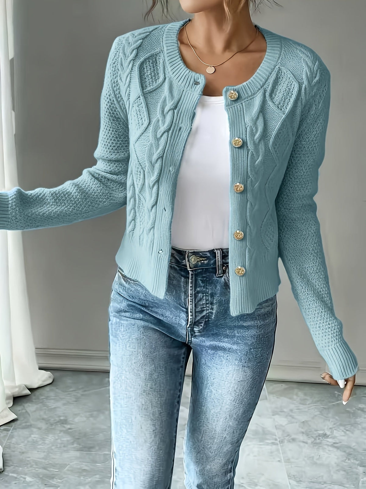 Leora cable knit crew neck cardigan with gold-tone buttons - view 13