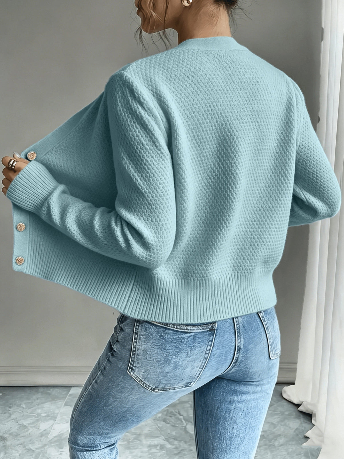 Leora cable knit crew neck cardigan with gold-tone buttons - view 14