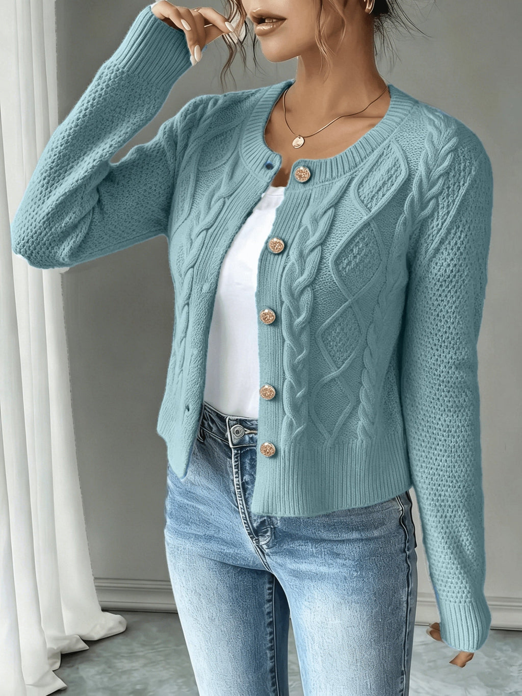 Leora cable knit crew neck cardigan with gold-tone buttons - view 15