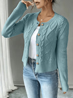 Leora cable knit crew neck cardigan with gold-tone buttons - view 15