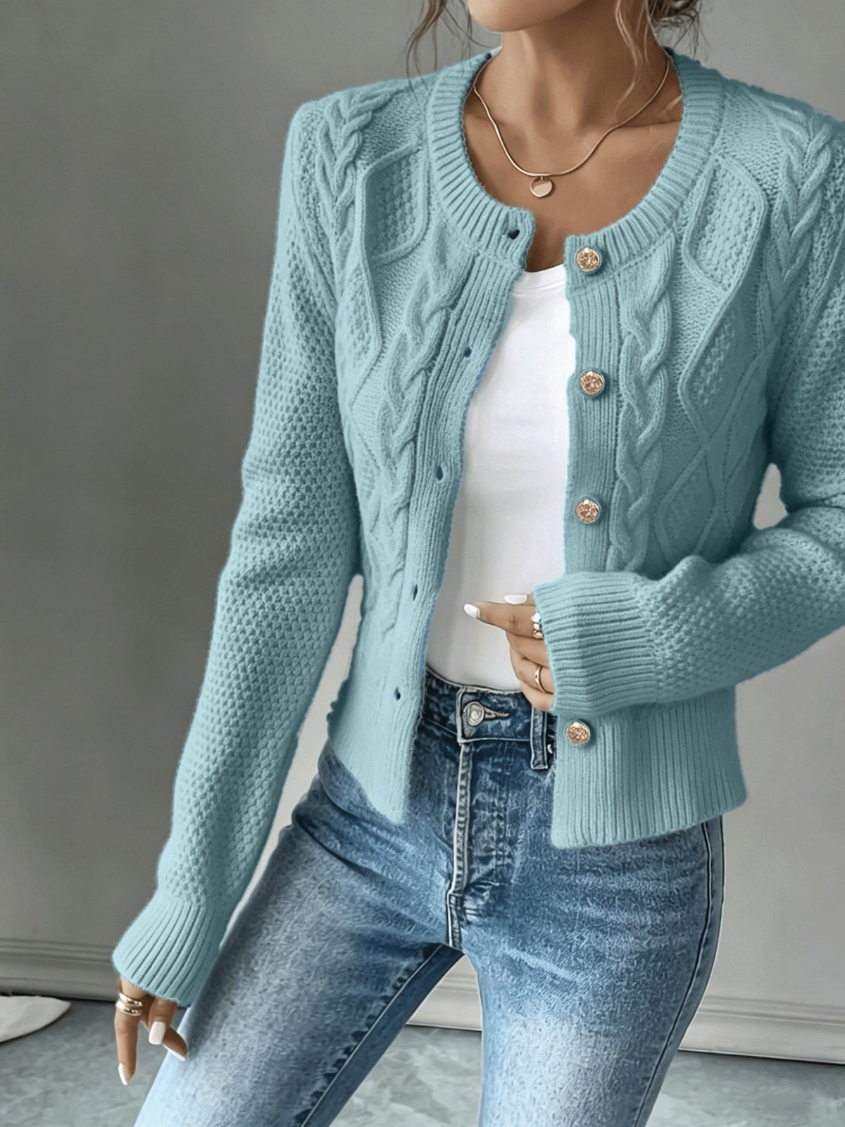 Leora cable knit crew neck cardigan with gold-tone buttons - view 16